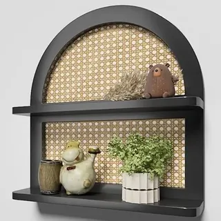 Boho-Rattan-Wandregal aus Holz, 2-stöckig, gewölbtes Weidengeflecht, schwebendes Regal, schwarzes Holz, rustikales Bauernhaus, Kinderzimmer, Dekor-Regal, Wandmontage, neutrale Handarbeit (40,6 cm