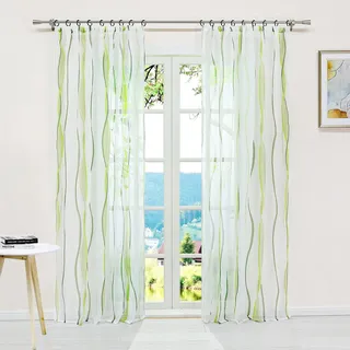 ESLIR Gardinen mit Kräuselband Vorhänge Gardinenschals Voile Grün 140x175 | Transparent, Fensterschal, 1 Stück, Schlaufenschal, Fenstergardinen, Wohnzimmer, Fenster innen, Wellen Muster, modern