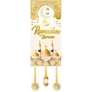 CATZUM 1 Stück Ramadan Wandbehang, hochwertig bestickter Wandteppich, dekorativer Hingucker, Vorhänge Flagge, wiederverwendbar (Beige & Gold)