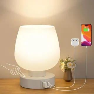Touch-nachttischlampe, Kleine Tischlampe Mit Kabel Und Usb-a- Und Usb-c-ladeanschlüssen, 3-fach Dimmbare Helligkeit Für Schlafzimmer, Wohnzimmer Und Kinderzimmer, Weißer Glasschirm, Led-leuchtmittel I