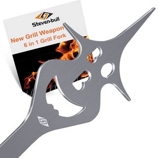 steven-bull s 6 in 1 Grill Zubehör-35cm Fleischgabel, Eingebaute Grillbesteck-Set-Funktio, Holzkohlegrill und Gasgrill Zubehör, Küchenhelfer,Multifunktion Grillbesteck, Grillzubehör Männer Geschenk