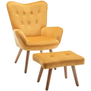 HollyHOME Ohrensessel mit Hocker Sessel mit Hocker Sessel Wohnzimmer & Schlafzimmer Samt Relaxsessel Lesesessel Lounge Sessels Armlehnensessel, Gelb