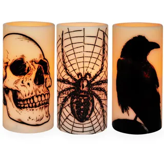 3 Stück Halloween Flammenlose Stumpenkerzen,Batteriebetriebene Echtwachs-LED-Kerzen,Halloween LED-Kerzen mit Fernbedienung,Flackernde flammenlose Kerzen,Halloween Heimdekoration Geschenk