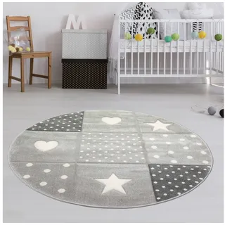 TeppichHome24 Kinderteppich Kinderzimmer Teppich Herz Stern creme schwarz grau, Rund, Höhe: 13 mm grau|schwarz|weiß Rund | 120 cm x 120 cm x 13 mm