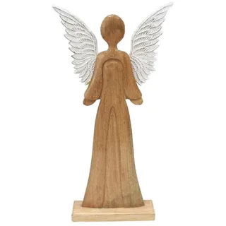 Dekoleidenschaft Engelfigur "Schutzengel" 83 cm groß, Engel aus Mango-Holz, Dekofigur, Holzfigur, Metall-Flügel in weiß / gold, Figur, Dekofigur beige
