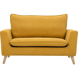 miliboo - Skandinavisches Sofa Aus Senfgelbem Stoff Mit Samteffekt Und Hellem Holz 2-sitzer Jonas