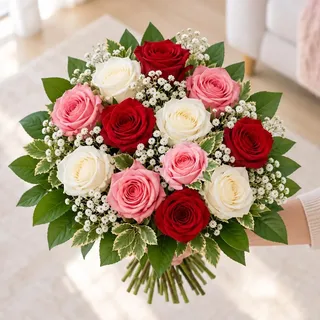 Bunter Blumenstrauß mit zwölf Rosen in Rot, Weiß und Rosa sowie Schleierkraut und Schnittgrün – Inklusive Grußkarte # Geburtstag # Freundschaft