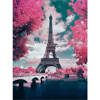 YEESAM ART Neuheiten Malen nach Zahlen Erwachsene Kinder, Frankreich Paris Eiffelturm, Romantische Kirschblüte, Rosa Blüten 40x50 cm Leinen Segeltuch, DIY ölgemälde Weihnachten Geschenke