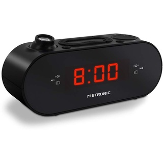 Metronic 477039 FM-Radiowecker mit Projektion, Dual-Alarm, mit Sleep/Snooze-Funktion, Helligkeit einstellbar und Batterien, Zeitsicherung, Schwarz