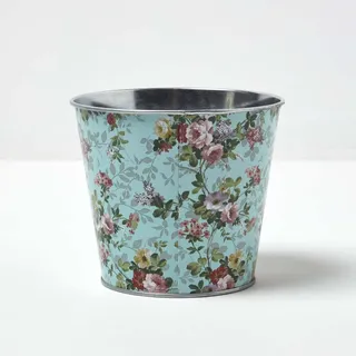 Homescapes Verzinkter Blumentopf mit Rosenmuster blau-rosa, ? 16 cm Pflanztopf Indoor/Outdoor wetterfest