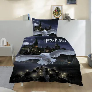 Familando – Harry Potter Bettwäsche-Set (2-teilig) – Decken- & Kissenbezug 135x200 cm & 80x80 cm mit Reißverschluss – Flanell aus 100% Baumwolle – Wendemotiv Hedwig & Hogwarts – Öko-TEX Zertifiziert