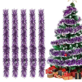 Lametta Girlande Violett, 5 Stück Glänzend Weihnachtsgirlanden, Deko für Weihnachtsbaumschmuck