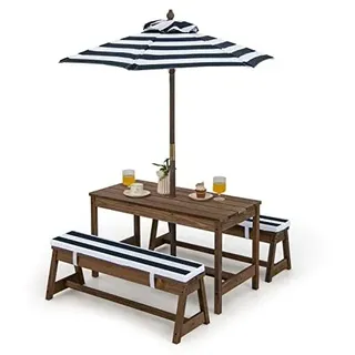 FANTASK Kindersitzgarnitur, Kinder Picknicktisch mit Bänke, Kissen & Sonnenschirm, Kindersitzgruppe aus Holz, Sitzgarnitur, Sitzgruppe Outdoor, Gartenmöbel für Garten, Hinterhof, Terrasse (Blau)