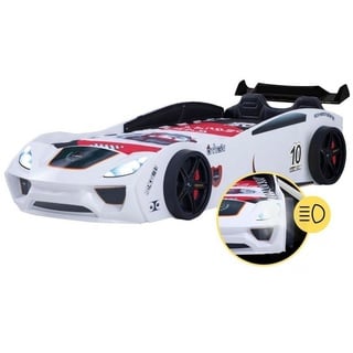 Coemo Autobett (Kinderbett mit Spoiler), Renn-Design DREAM RACER 90x200 mit Rückenpolster und Lattenrost weiß