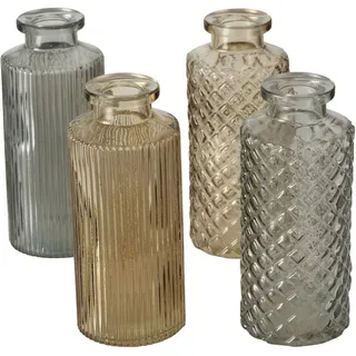 ReWu Glasvase 4er Set Grau - kleine Blumenvase in Flaschenform - Dekovase für Tischdeko, Wohnzimmer, Hochzeit, Trockenblumen