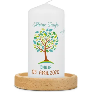 GRAVURZEILE Taufkerze Lebensbaum mit Namen, Datum & Taufspruch - Hochwertige Stumpenkerze 120/57 mm brilliant bedruckt - Personalisiertes Taufgeschenk für Mädchen & Jungen - Kleine Kerze Grün