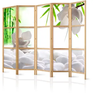 decomonkey Paravent Raumteiler Innen Bambus Spa, 225x171 cm, 5-teilig, Zen | Orient, Japan, Weiß, Wohnzimmer, Room Divider, Wall, Raumteiler Stehend, Trennwand, Sichtschutz, Spanische Wand, Holz