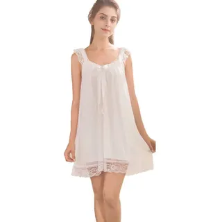 Flwydran Damen Nachthemd Ärmellos Baumwolle mit Spitze Dekoration Nachtkleid Viktorianischer Stil Nachtwäsche - L