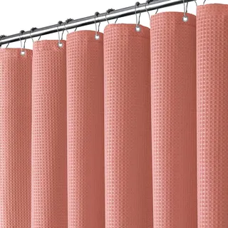 BTTN Duschvorhang Waffelstruktur 120x180 cm schmaler, Koralle/Korallenrot | 8 Plastikhaken, Rückseitig Laminiert Wasserdicht, Waffelstruktur, Anti-Schimmel, Beschwerter Saum, Waschbar Textil Stoff