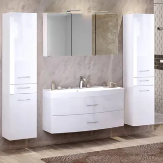 Badezimmer Badmöbel Set Hochglanz weiß Waschtisch Spiegelschrank 2 Hochschränke