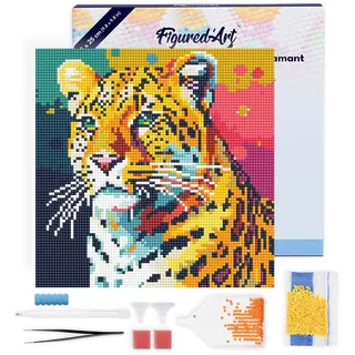 Figured'Art Mini Diamond Painting Erwachsene 25x25cm Mit Rahmen Ganze Leinwand gespannt Abstrakter Pop Art Leopard 5D Bilder Runde Steine - DIY Set Basteln