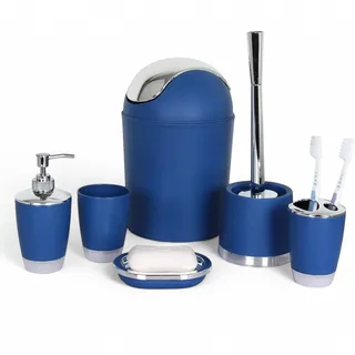 6tlg Badset Badezimmer Zubehör Set Organizer: Seifenspender, Zahnputzbecher, Kosmetikeimer, WC Bürste und Halter, Seifenschale, Mülleimer, Zahnbürstenhalter, Badgarnitur (Dunkelblau Design 1)