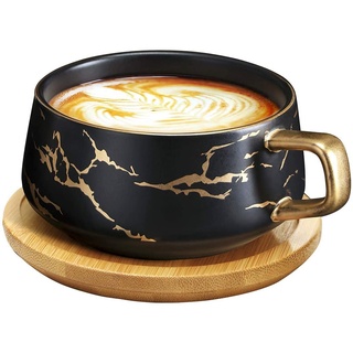 VETIN Cappuccino Tassen mit Unterteller, 300 ml Espressotassen aus Porzellan für Tee Kaffee Cappuccino, Kaffee-Tassen mit Holzscheibe - Schwarz