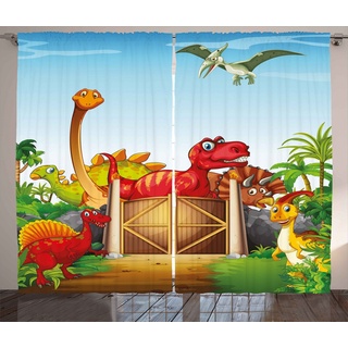 Gardine Schlafzimmer Kräuselband Vorhang mit Schlaufen und Haken, Abakuhaus, Dino Cartoon-Dinosaurier in Park bunt 280 cm x 260 cm