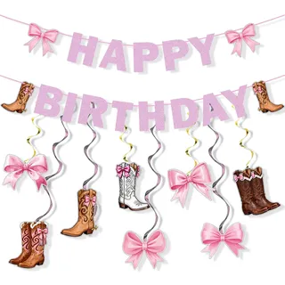 Pinkes Cowgirl-Geburtstagsbanner-Deko-Set, Stiefel- und Schleifen-Ausschnitte, Hängegirlanden für Western-Rodeo-Junggesellinnenabschiede, Wand- und Deckendekoration für drinnen und draußen