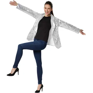 dressforfun Blazer Damen, Kostüm Damen Pailletten Oberteil Damen, Glitzer Oberteile Damen, Jackett, Faschingskostüm, Disco Kostüm Damen, Rave Outfit Damen, 80er Jahre Outfit, silber, XXL - XXL