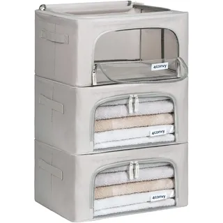 4CONVY Kleideraufbewahrung Kleiderschrank Box mit Reißverschluss Metallrahmen - große faltbare stapelbare Aufbewahrungsbox -3x24L Aufbewahrungstaschen - Kleiderbox für Bettdecke Kleidung Aufbewahrung