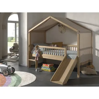 Halbhohes Hausbett Rutsche Lattenrost 90x200 Textilhimmel Spielbett Eiche massiv