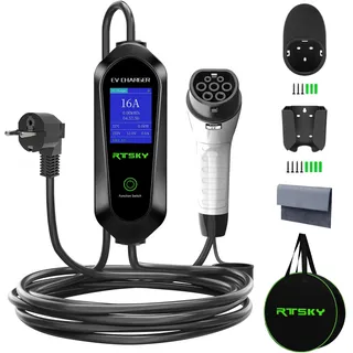 RTSKY 3,5kW Typ 2 Ladekabel Schuko 5M, 1-phasig 8-16A Einstellbar mit LCD Digitalanzeige, Tragbares Elektroauto Ladegerät für Tesla, ID.3, ID.4, BMW, Audi, Hyundai und andere PHEV/EV
