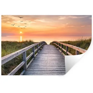 MuchoWow Wandsticker Sonnenuntergang - Meer - Weg - Gras - Düne - Vögel (1 St), Wandtattoo, Selbstklebend, Wohnzimmer, 60x40 cm bunt 60 cm x 40 cm x 0.1 cm
