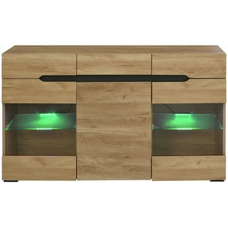 Merax LED Sideboard Schrank Modern Wohnzimmer Anrichte Möbel 3 Türen 3 Schubladen Moderne Kommode, Oak