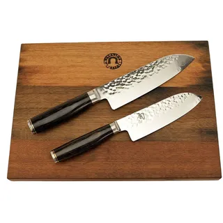 KAI Shun Premier Tim Mälzer Angebotsset ultrascharfes Messerset 21 cm Santoku TDM-1702 + 14 cm Santoku TDM-1727 + großes Unikat Schneidebrett 40x30 cm aus Weinfassholz