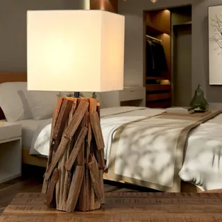 Licht-erlebnisse - Tischlampe Treibholz Stoff 53 Cm Unikat Nachttischleuchte