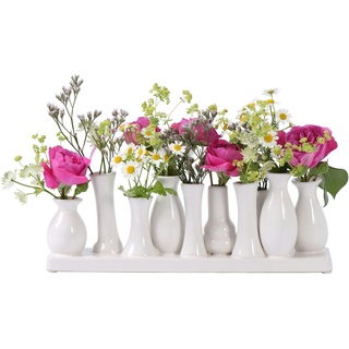 Jinfa Handgefertigte kleine Keramik Deko Blumenvasen Set aus 10 Vasen in weiß