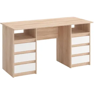 KOMTO Schreibtisch mit Schubladen - Oslo 140 x 60 x 74 cm Moderner Schreibtisch Sonoma Eiche + Weiß Bürotisch Computertisch Arbeitstisch Büro PC-Tisch Kinderschreibtisch mit Stauraum