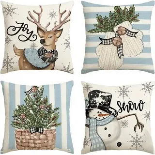 Kissenbezug Weihnachten Schneemann Rentier 45 x 45 cm 4 Stück Blau