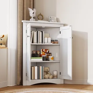 Merax Badezimmerschrank Eckschrank mit 2 Türen, Dreiecksdesign, 3 Ebenen, Bücherregal, Klein Schrank, Vitrine, für Wohnzimmer, Weiß - Weiß