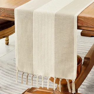Wracra Makramee Baumwolle Leinen Tischläufer 150cm lang mit Hand-Quasten Kaffee Tisch Läufer, Bauernhaus-Stil Tabelle Läufer für Urlaub Parteien und alltäglichen Gebrauch(Leichter Kaffee, 150cm)