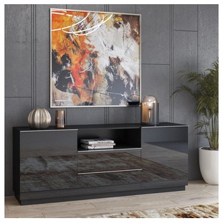 Lomadox Sideboard HOOVER-83, Sideboard schwarz Wohnzimmer modern mit Glasfronten, : 180/71/48 cm schwarz