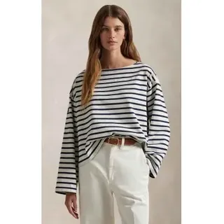 Polo Ralph Lauren für Damen. 211959103004 Marineblau gestreiftes T-Shirt mit Bootsausschnitt (XL), Lässig, Baumwolle, Langarm