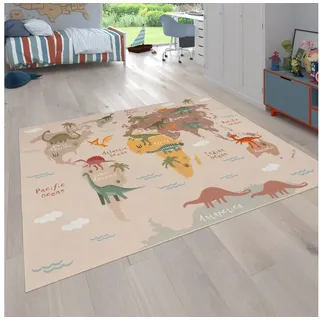 KADIMA DESIGN Dinosaurier‐Weltkarten Kinderteppich 120 x 160 cm Beige