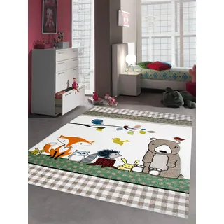 CARPETIA Kinderteppich Kinderzimmerteppich Babyzimmer Teppich Tiere Bär Fuchs Igel Eule Beige Braun Größe 160x230 cm