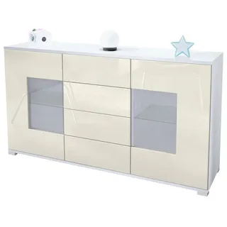 Vladon Sideboard Grömitz V1 (Kommode mit 2 Türen, 4 Schubladen und 2 flexible Glaseinlegeböden), Weiß matt/Creme Hochglanz (138,5 x 75,5 x 35) gelb