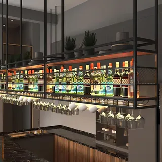 RAJYQODIS Deckenregal Weinregal, Hängendes Weinglasregal aus Metall, 2-stufiges Bar-Display Weinlagerhalter, für Bar Restaurant Cafe Küche (Schwarz, 160cm)