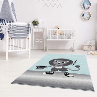 carpet city Kinderteppich Löwe Mint Grau - 160 cm Rund - Teppich Tier-Motiv Kinderzimmer für Jungen und Mädchen