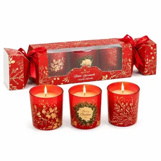 Set mit 3 Weihnachts-Duftkerzen – Duftkerzen im roten bedruckten Glas – s Weihnachtsgeschenk – Weihnachtsdekoration – Rot - Rot